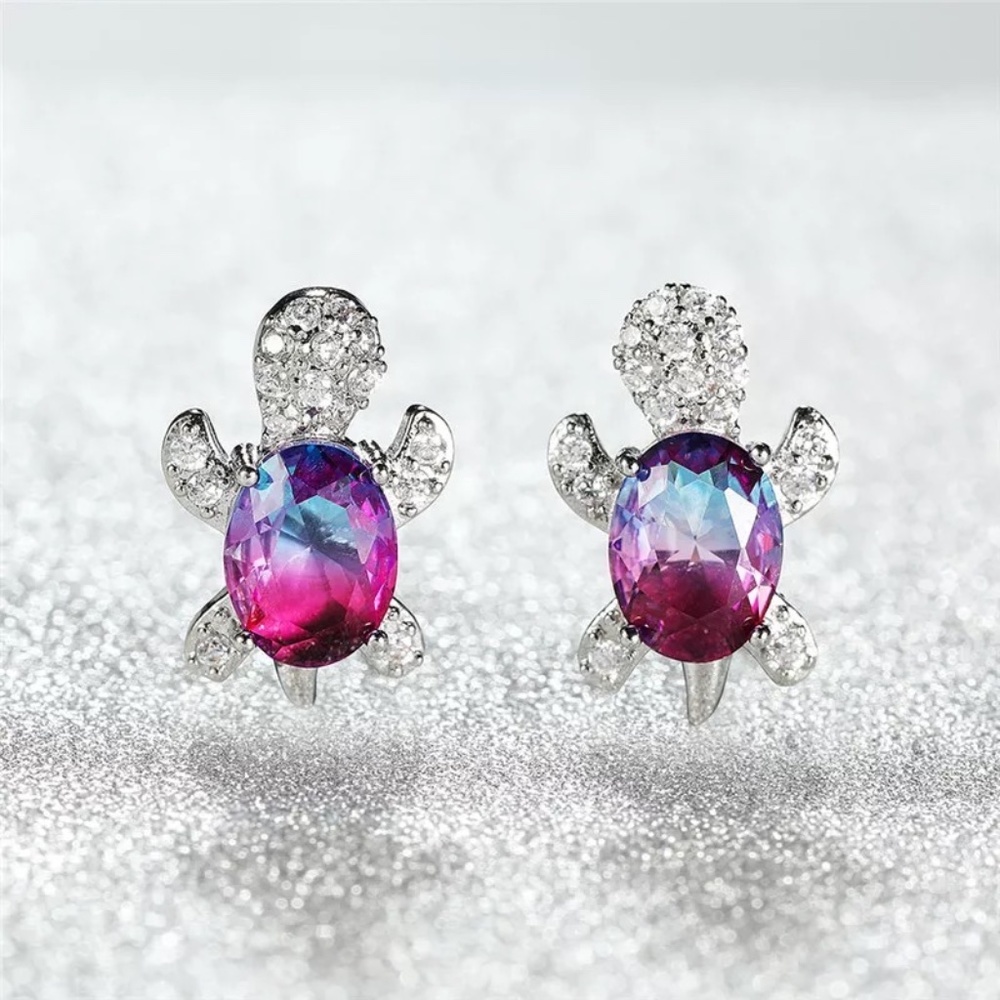 Sterling Silver Rainbow Zircon Stone Blue Purple Turtle Earrings